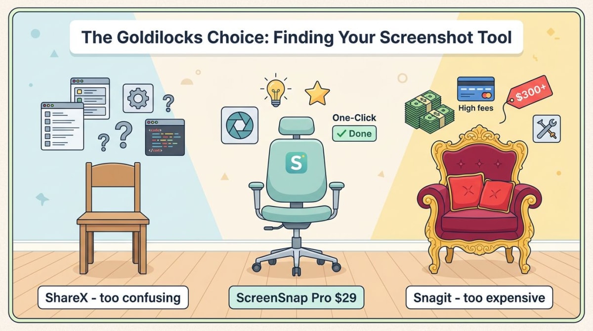 The Goldilocks choice three chairs ShareX too confusing Snagit too expensive ScreenSnap Pro just right