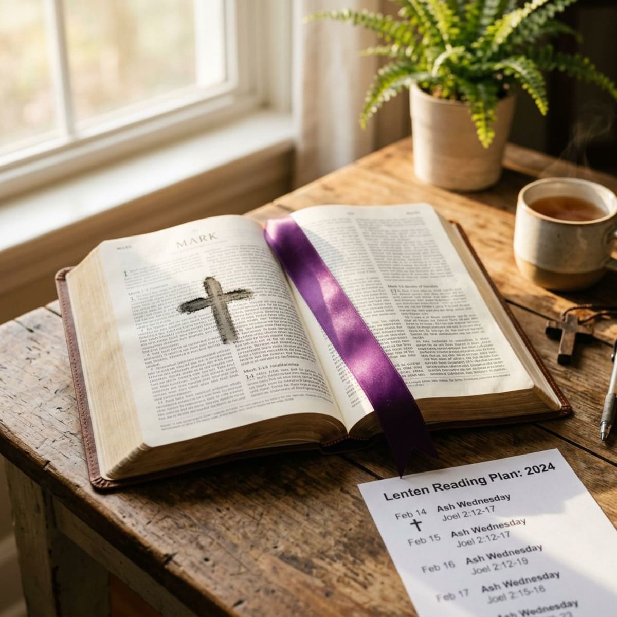 Open Bible with reading plan calendar and purple bookmark