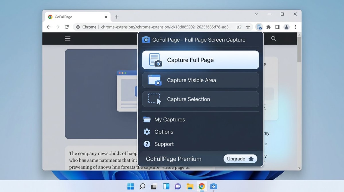 Browser-Erweiterungs-Popup mit Screenshot-Optionen in Chrome unter Windows