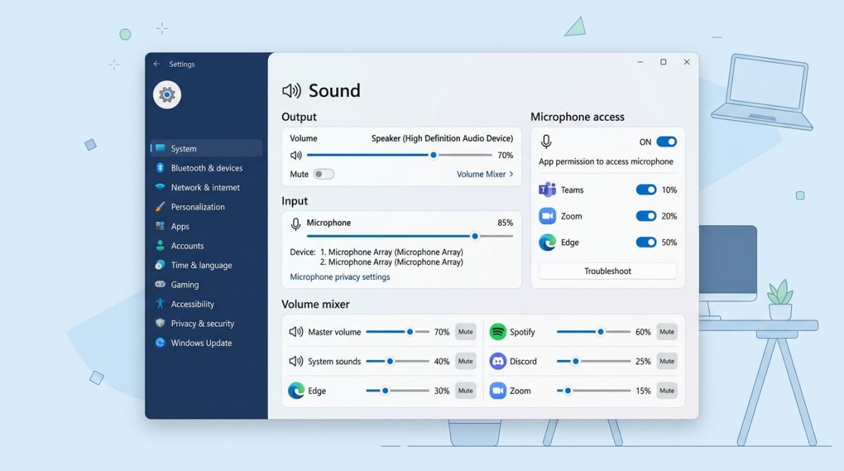 Windows audio settings and troubleshooting panel for fixing screen recording audio