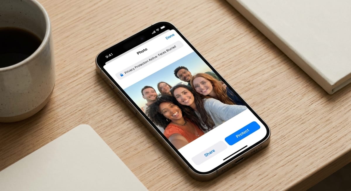 Mobile phone showing a photo with censored faces for privacy protection