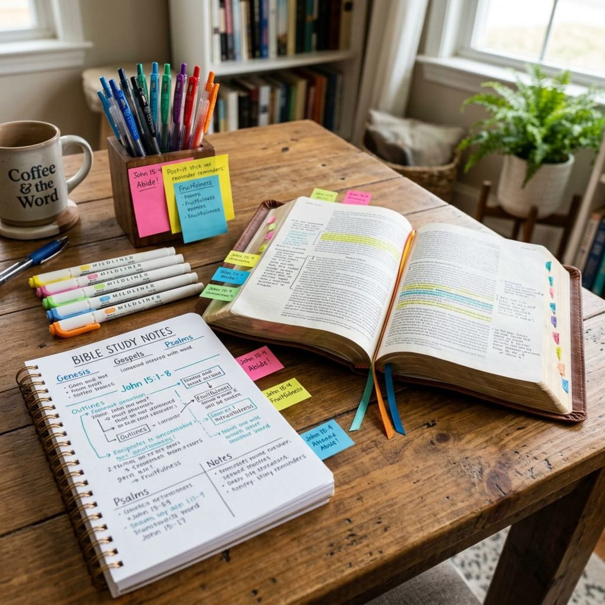 Organized Bible study supplies on a table with colorful pens, highlighters, sticky notes, and open notebook