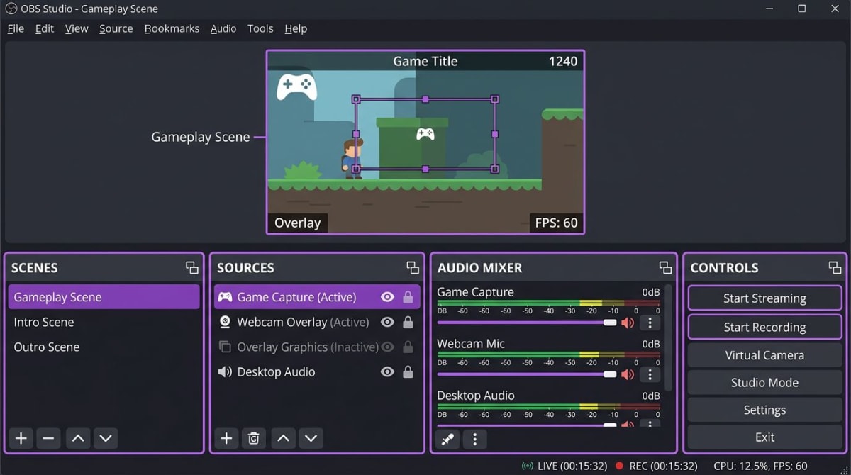 OBS Studio interface with game capture source and audio mixer