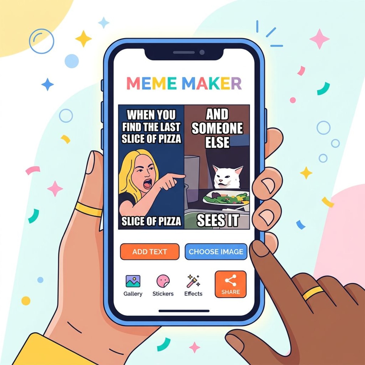 Smartphone with meme maker app showing a classic meme template
