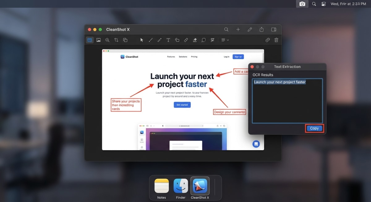 Mac desktop showing an OCR screenshot workflow in action
