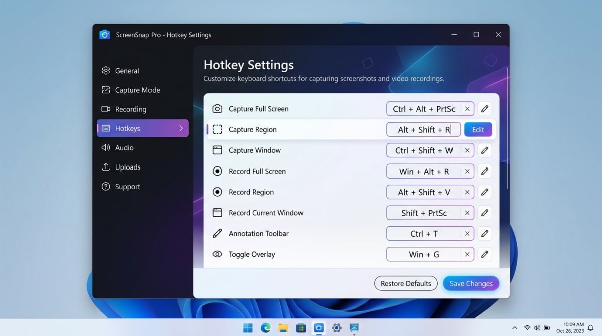 ScreenSnap Pro hotkey settings on Windows 11