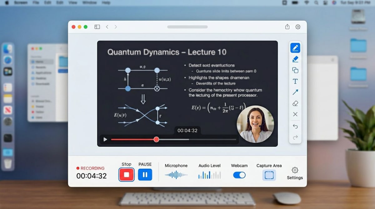 Lecture recording app interface with webcam bubble and slide deck