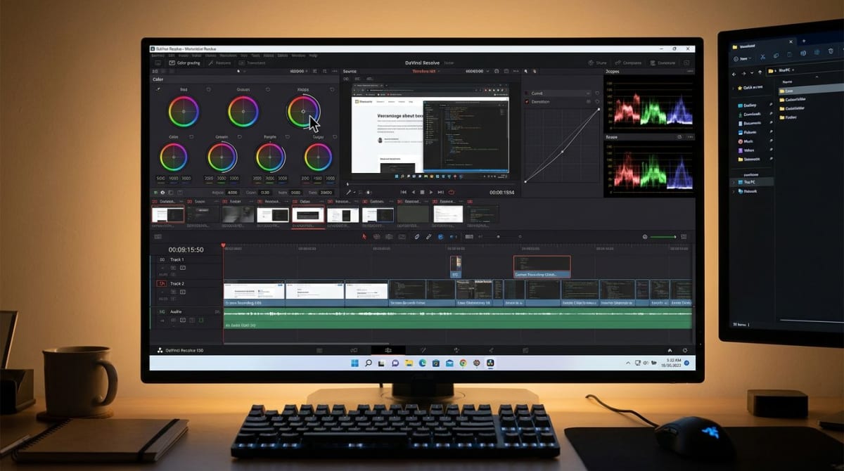 DaVinci Resolve dark interface with color grading panel on Windows
