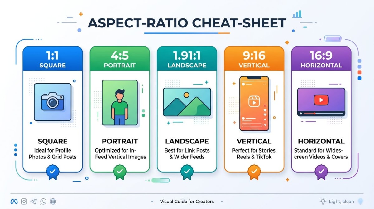 Aspect ratio cheat sheet showing 1:1, 4:5, 1.91:1, 9:16, and 16:9