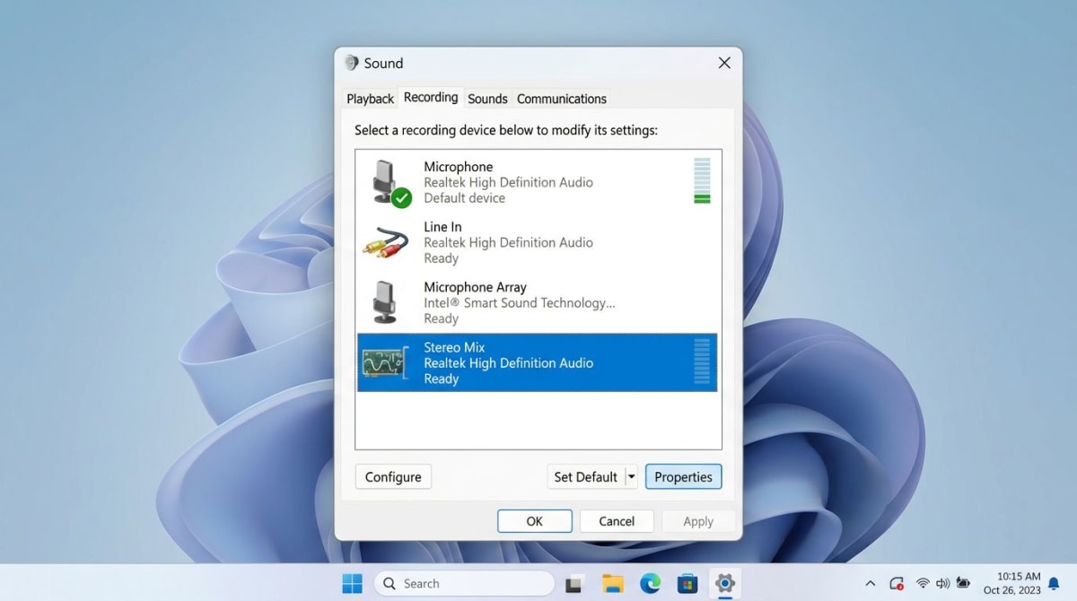 Windows 11 Sound Recording tab showing Stereo Mix enabled as the default recording device