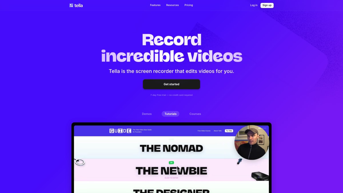 Tella homepage — web-based screen recording tool