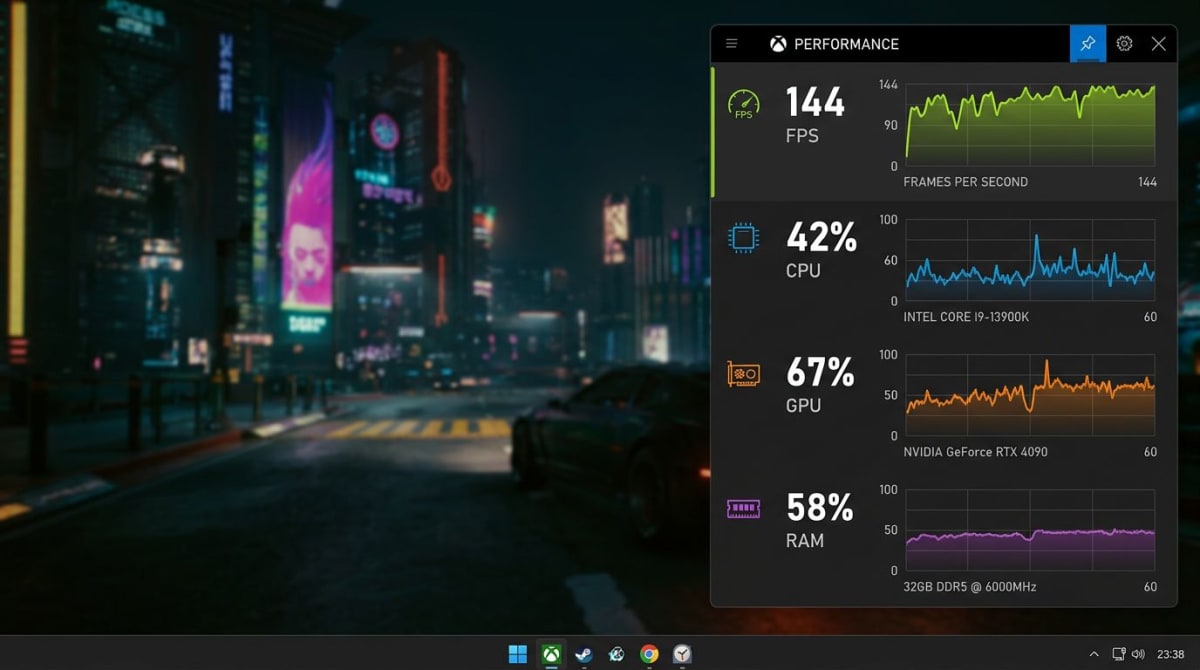 Xbox Game Bar Performance widget showing FPS counter, CPU, GPU, and RAM usage