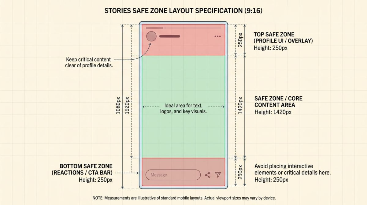 Diagramm zeigt Instagram-Story-Safe-Zone mit oberen und unteren toten Zonen