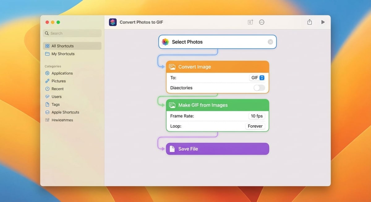 Apple Shortcuts app with a GIF creation workflow on Mac