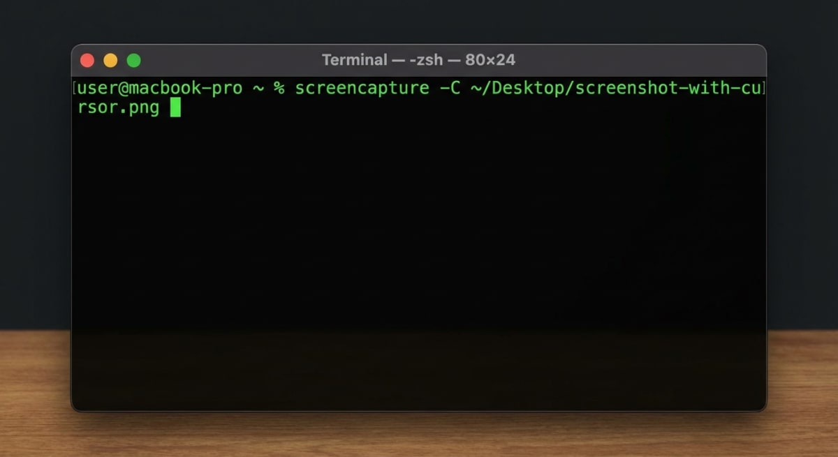 Terminal window showing the screencapture command with cursor flag
