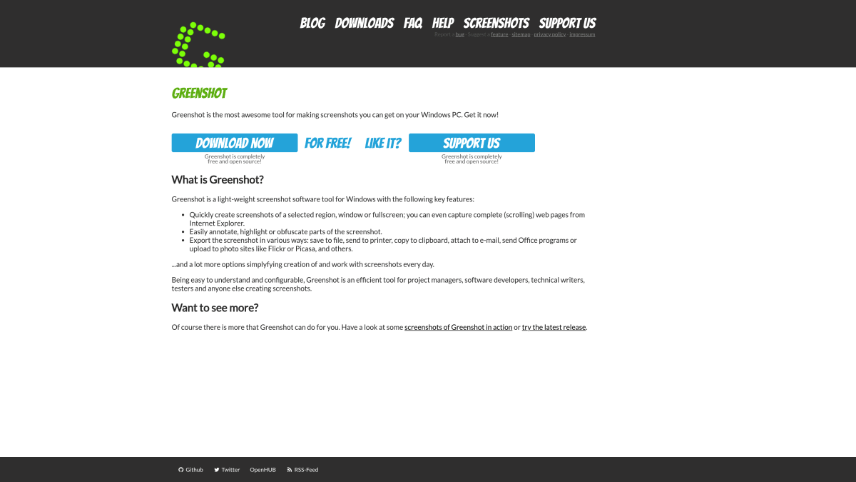 Greenshot homepage — free open-source screenshot tool