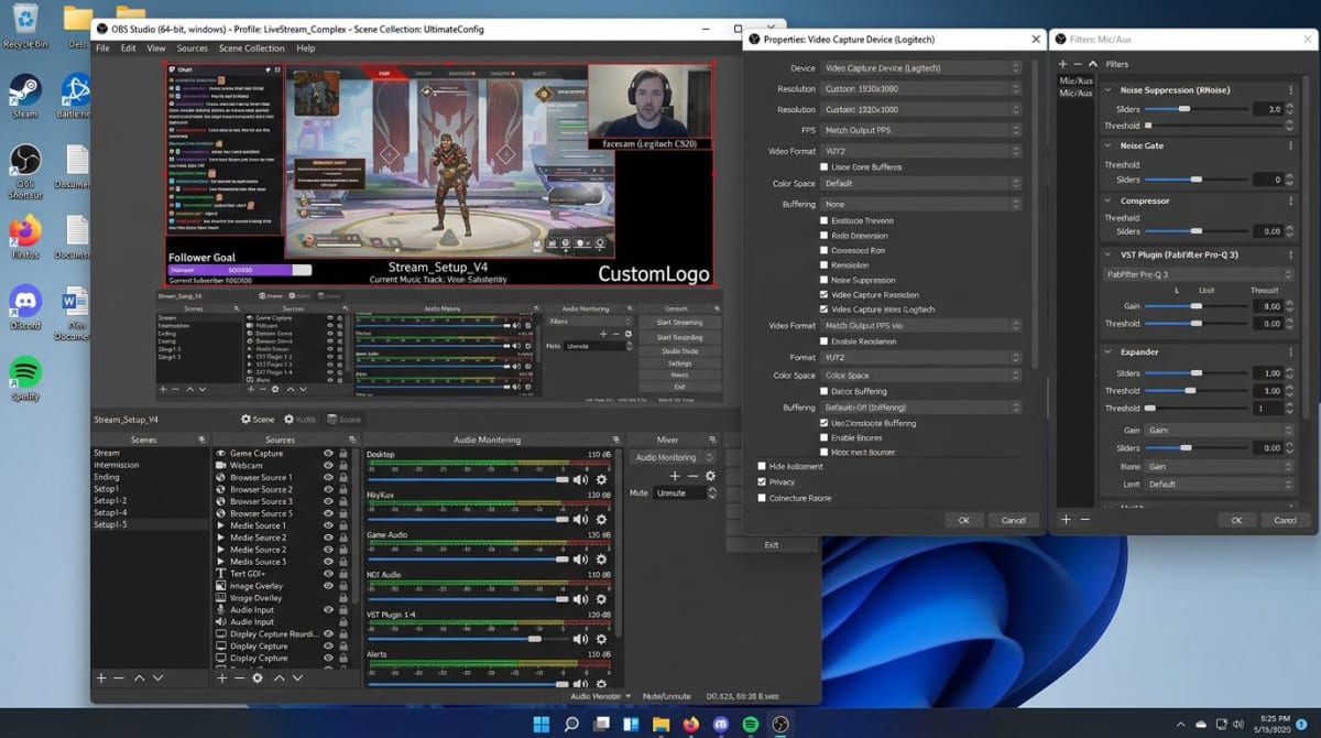 OBS Studio complex interface with many settings panels