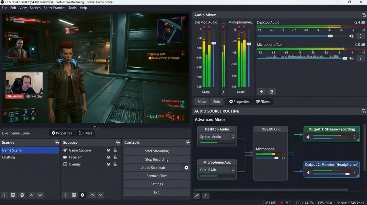OBS Studio audio mixer showing Desktop Audio and Microphone levels on separate channels