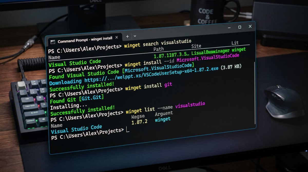 Windows terminal showing package manager install commands
