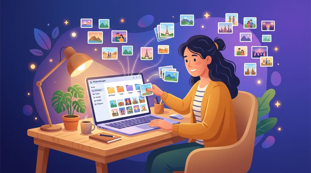 Person organizing saved social media photos into folders on a laptop