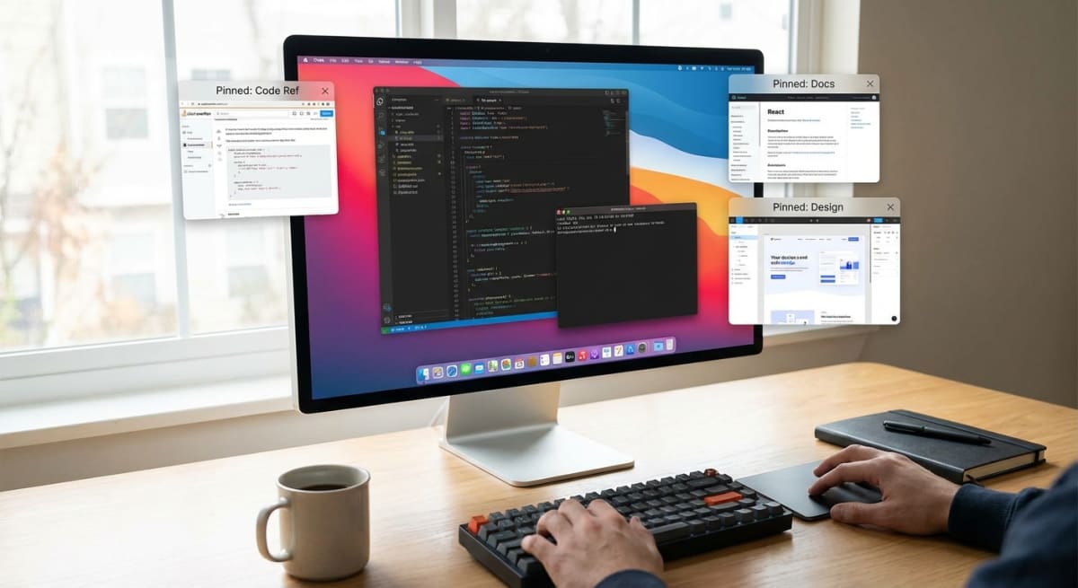 Pinned screenshot windows floating above Mac desktop for developer reference