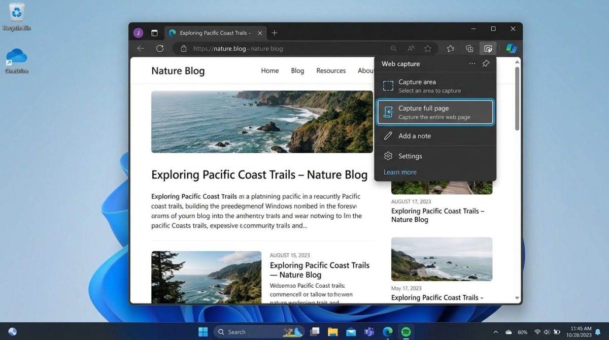 Edge Web Capture tool showing capture full page option on Windows