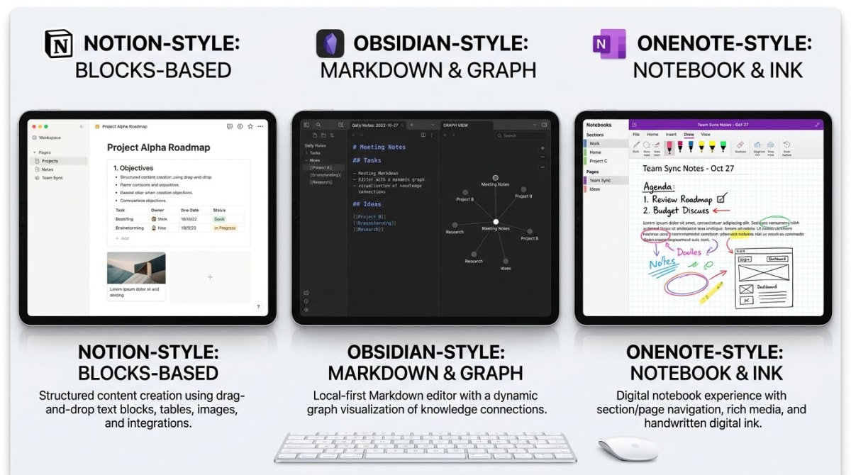 Side-by-side comparison of Notion, Obsidian, and OneNote interfaces