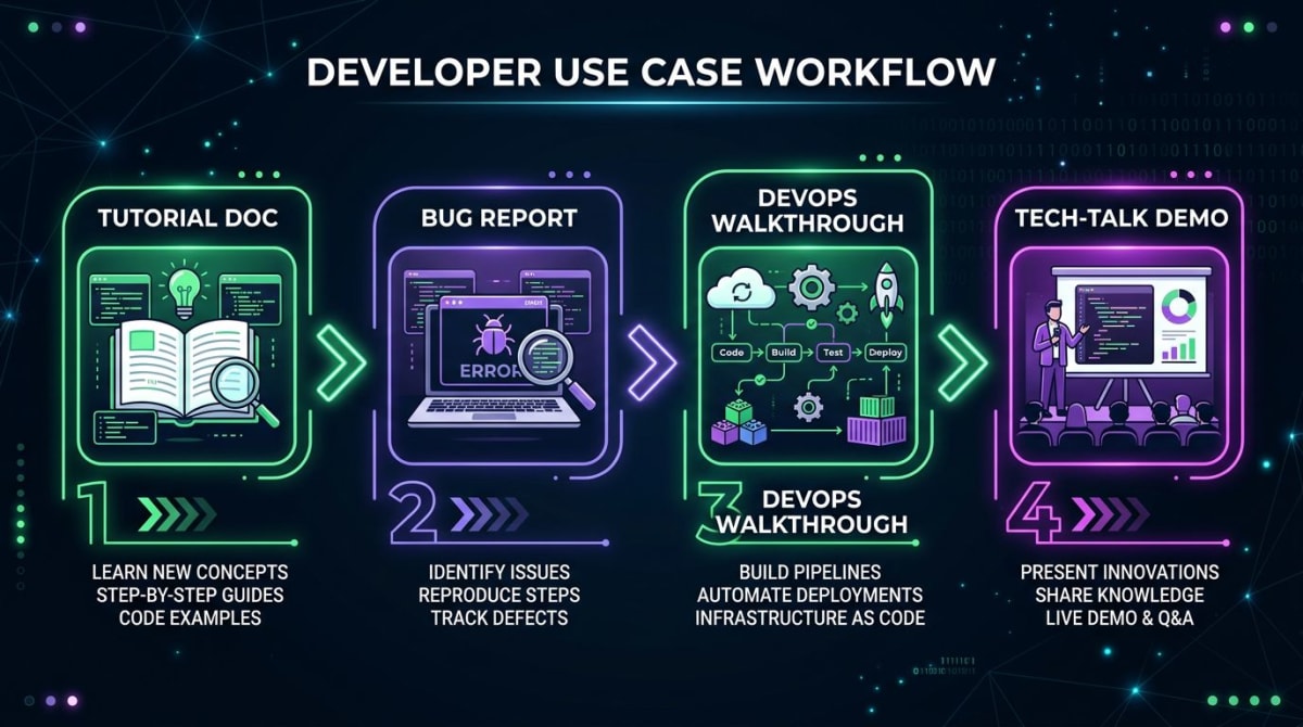 Workflow comparison diagram of four developer use cases connected by arrows