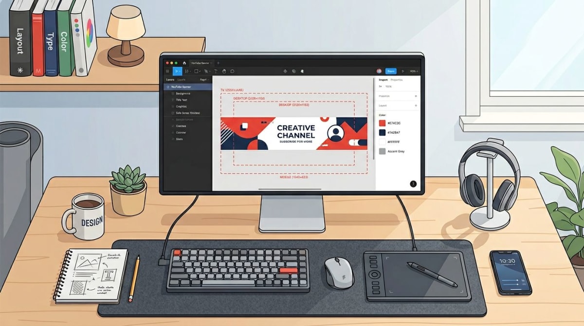 Designer workspace with YouTube banner design in progress and safe zone guides visible