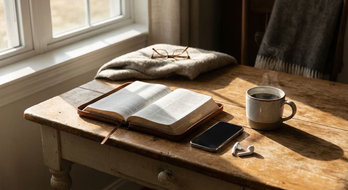 Bible study setup with book, phone, and earbuds