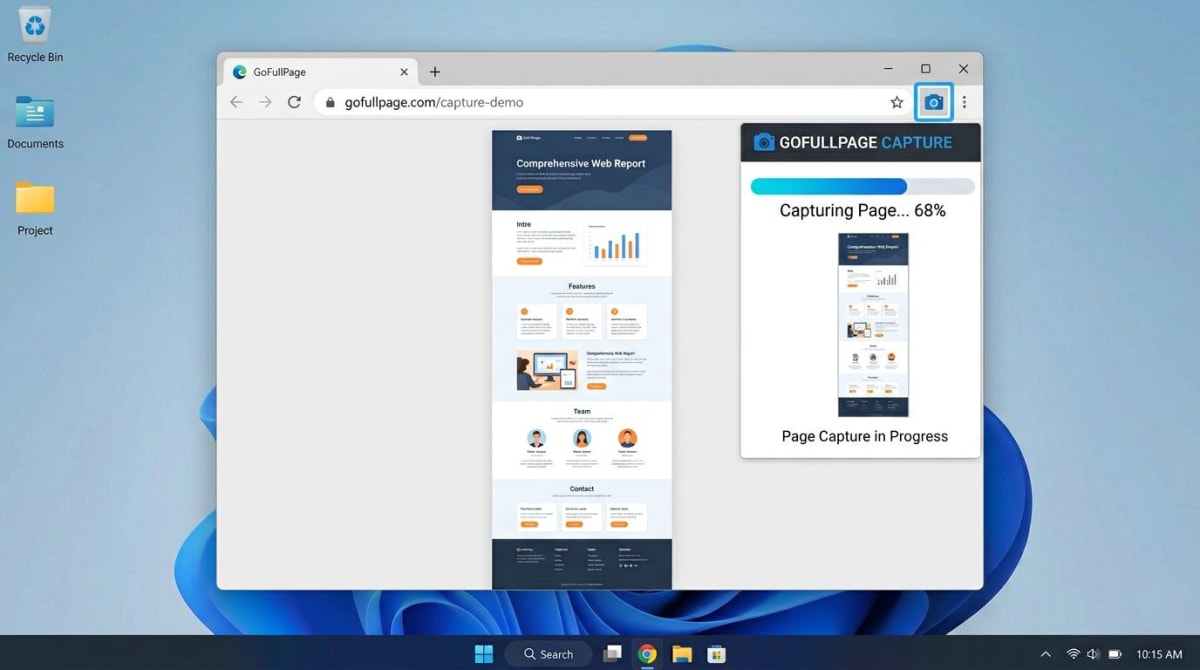 Browser extension capturing a full page screenshot on Windows