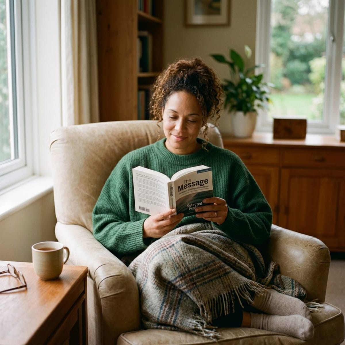 Person comfortably reading a book