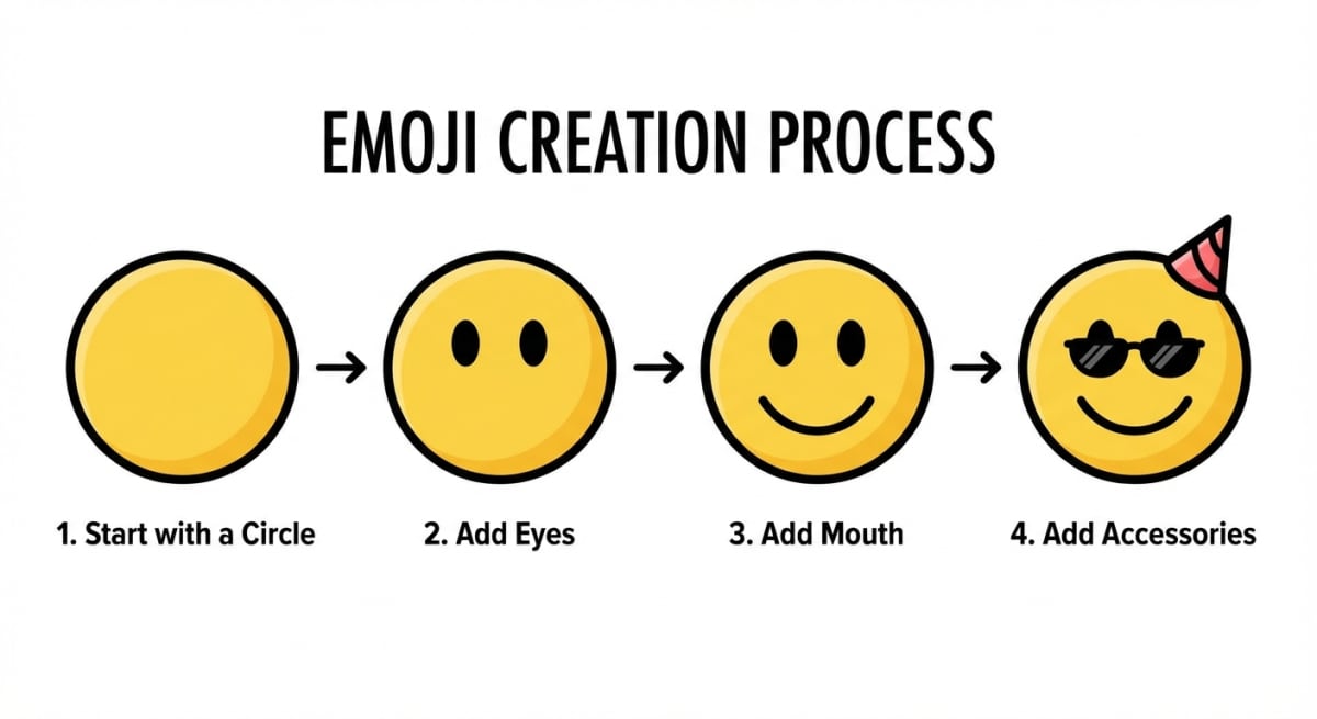 Step-by-step emoji creation from blank circle to finished design