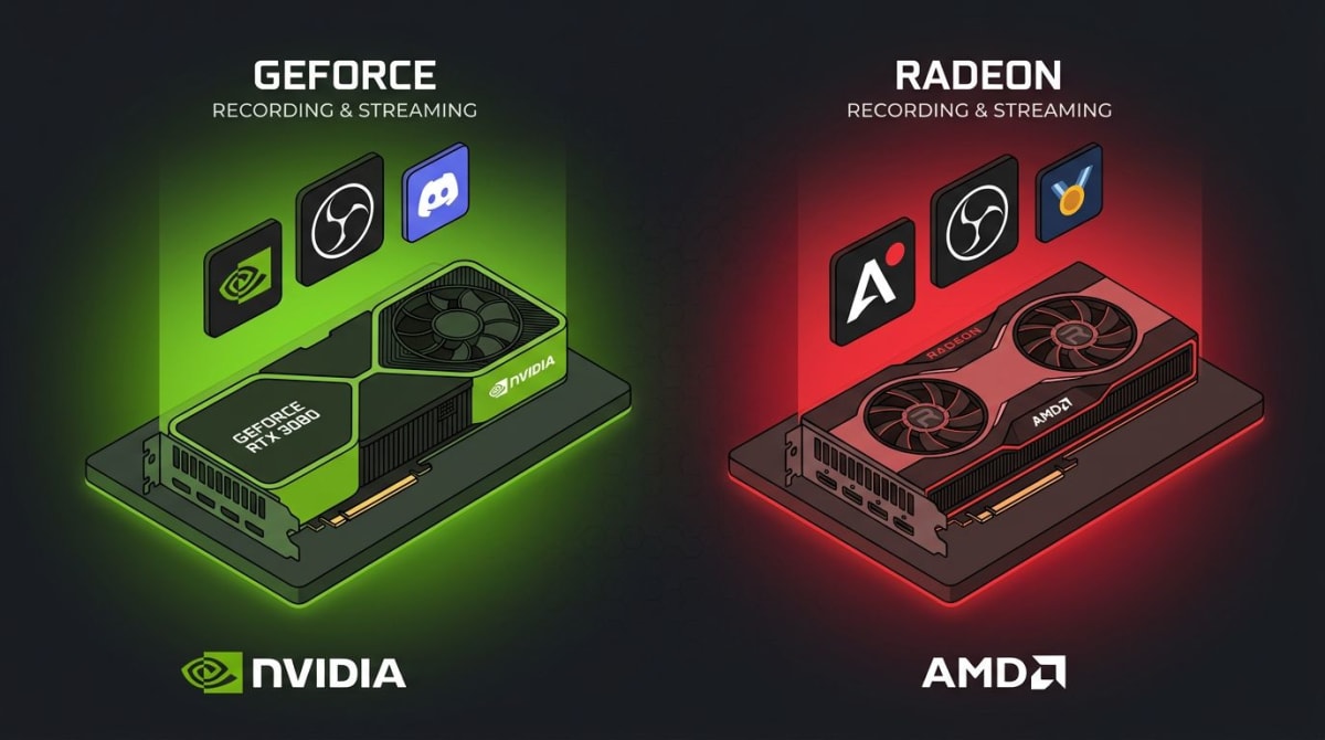 NVIDIA and AMD graphics cards with recording software icons