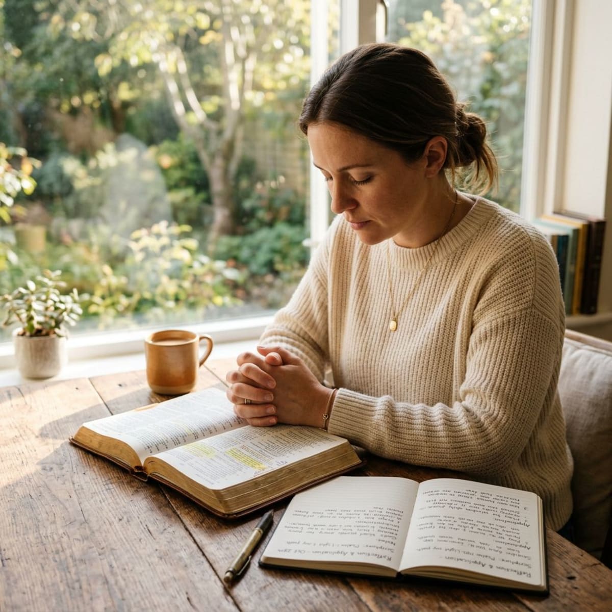 Person praying with open Bible and handwritten notes
