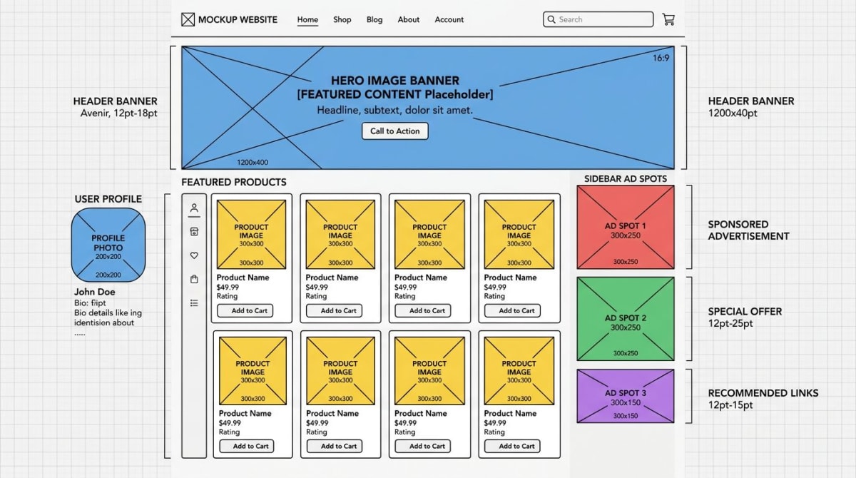 Website wireframe mockup showing placeholder images in header, sidebar, product grid, and profile spots
