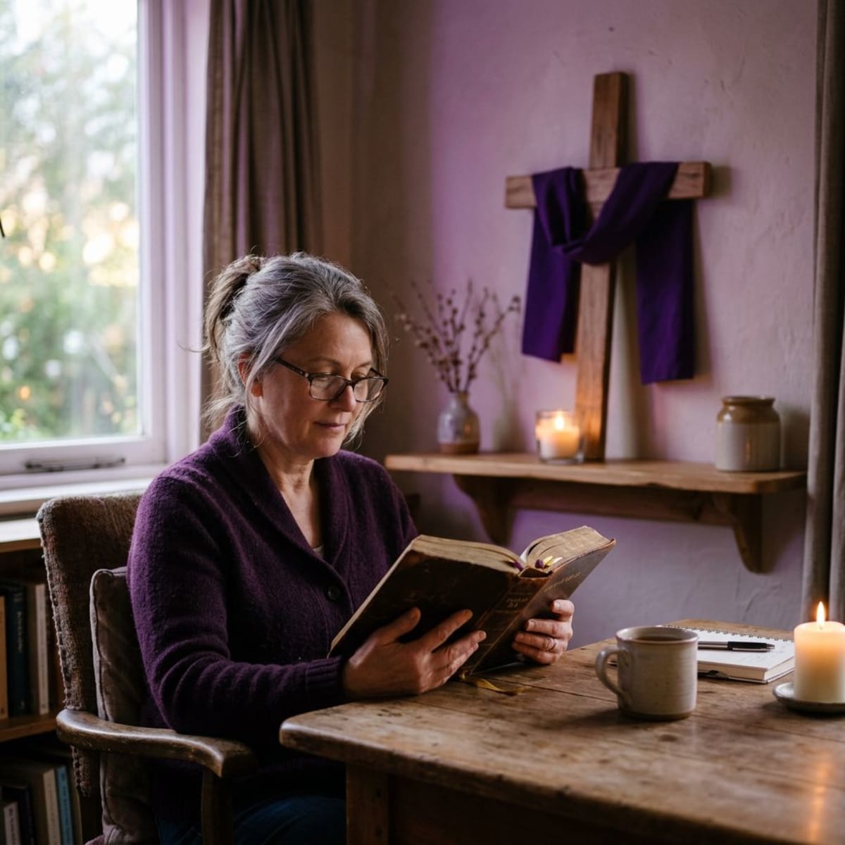 Person reading Bible in quiet morning devotion time with peaceful Lenten atmosphere