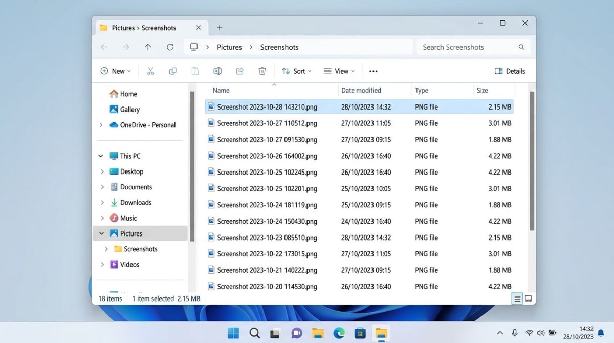 Windows Screenshots folder inside Pictures with saved captures