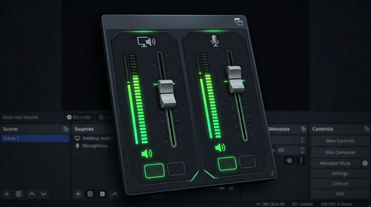 OBS Studio audio mixer with desktop audio and microphone sliders