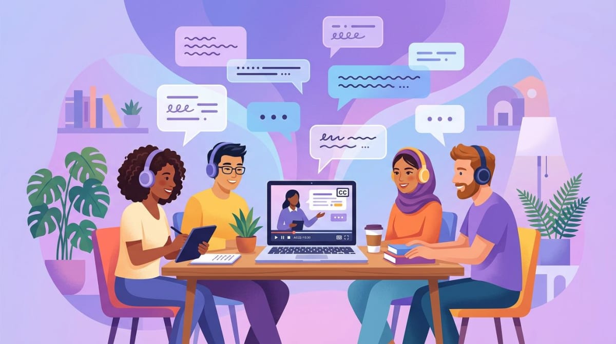 Closed captions and transcript bubbles around a video player with diverse learners