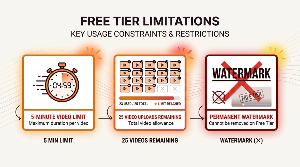 Visual diagram of free tier limitations showing 5-minute timer and 25-video counter