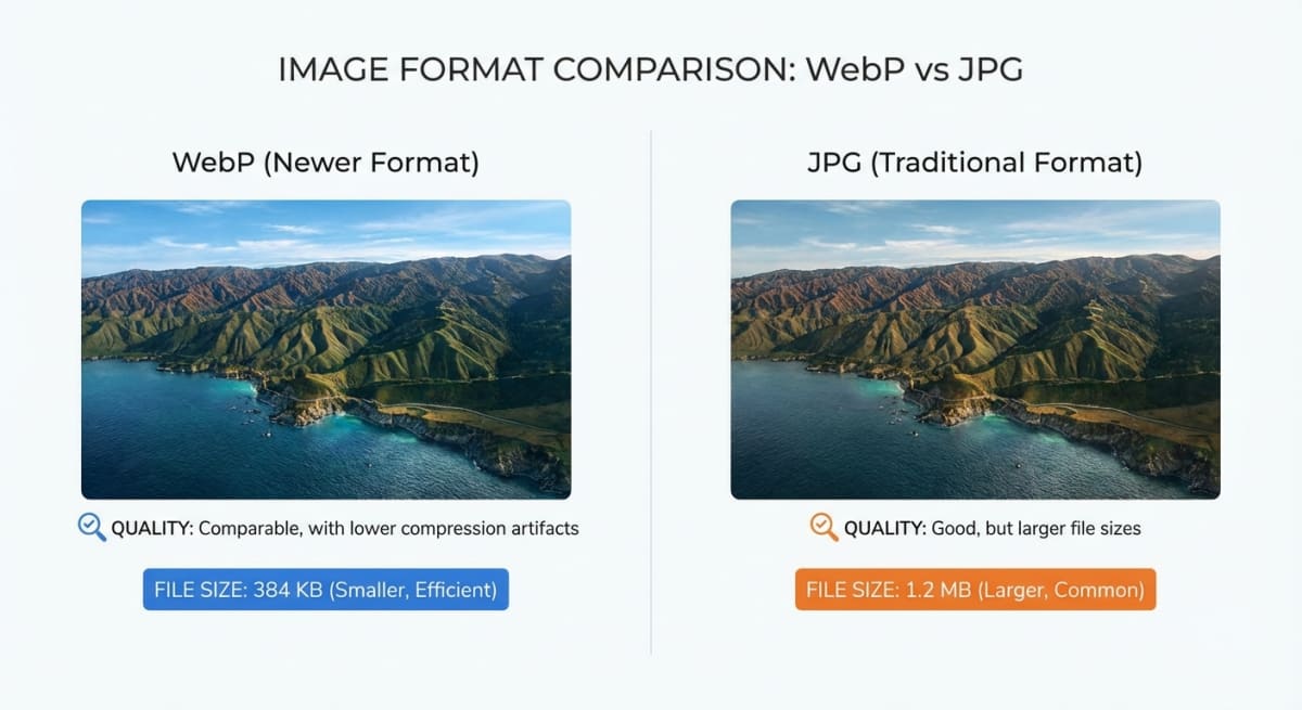 WebP vs JPG comparison showing quality and file size