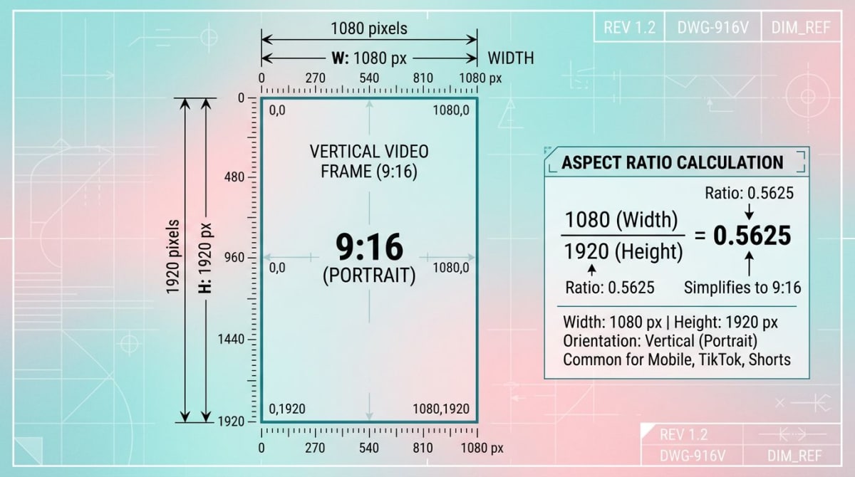 TikTok dimension diagram showing 1080 wide by 1920 tall with measurement arrows