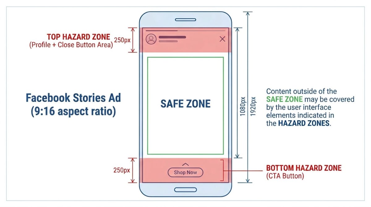 Stories ad safe-zone diagram with top and bottom hazard zones