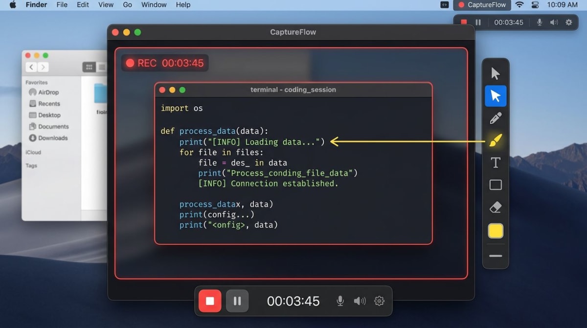 Screen recorder app interface mid-recording over a terminal window with annotation toolbar