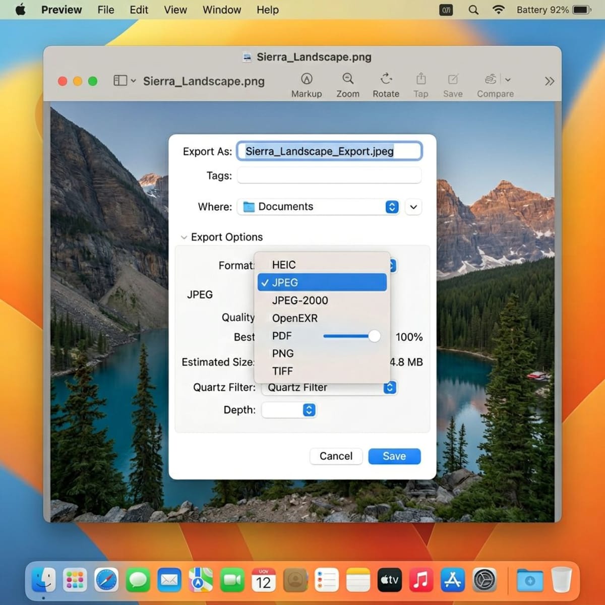 Mac Preview Export-Dialog zeigt JPEG-Formatauswahl