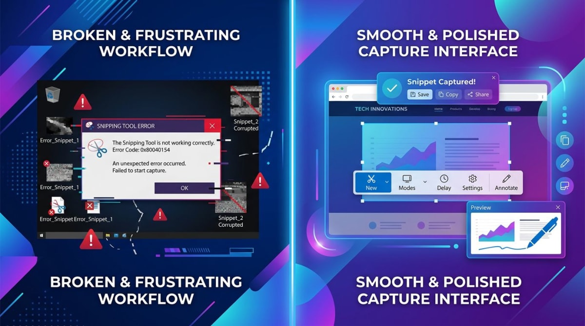 Split view comparing a broken Snipping Tool error with a clean ScreenSnap Pro capture workflow