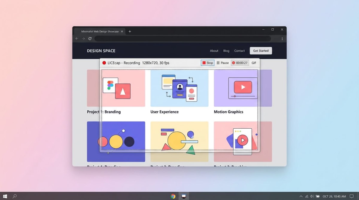 LICEcap-Aufnahmerahmen über einer Webseite unter Windows