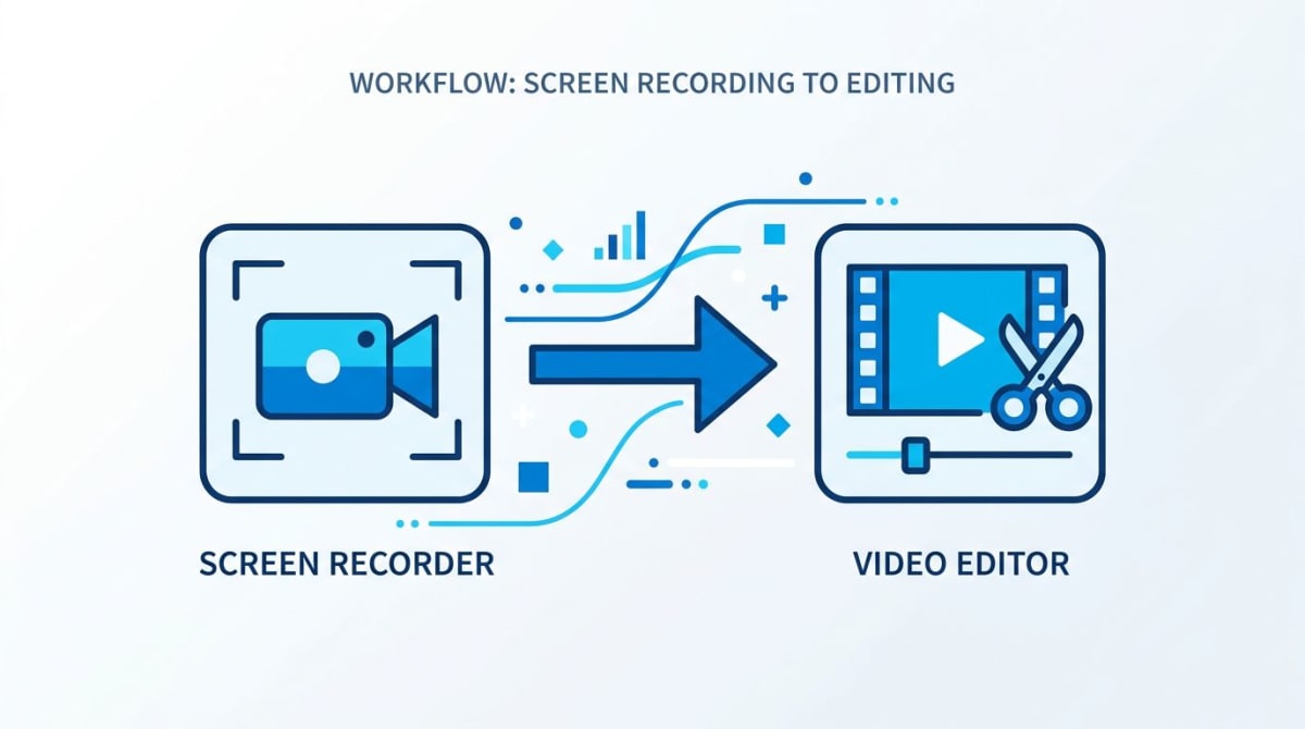 Workflow: screen recorder feeds into video editor on Windows