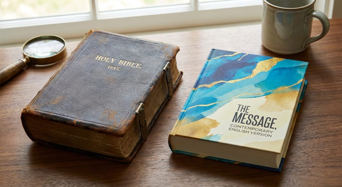 Two Bibles side by side representing traditional and modern translations